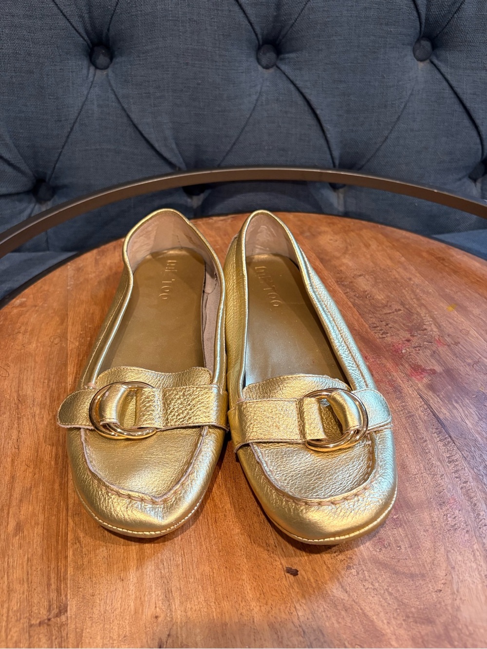 Me Too Shimmery Gold Leather Buckle Loafers